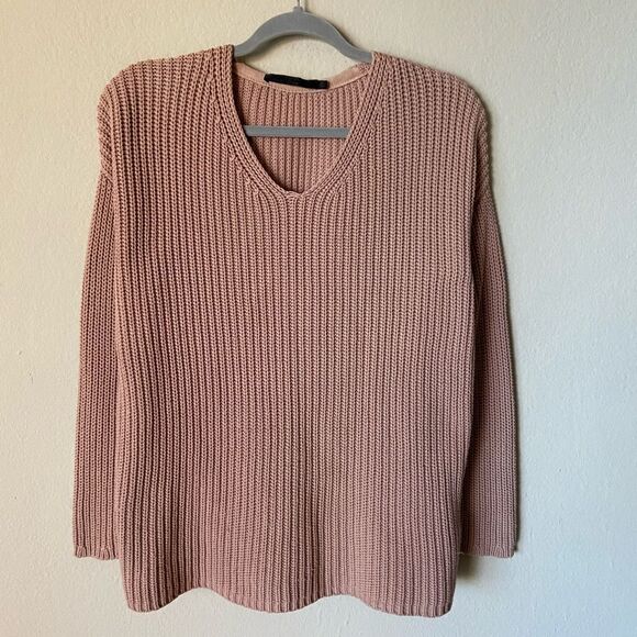 Jenni Kayne Oatmeal Cotton Knit Sweater Tan Pink Cabin Pullover V Neck Size XS - Picture 5 of 8